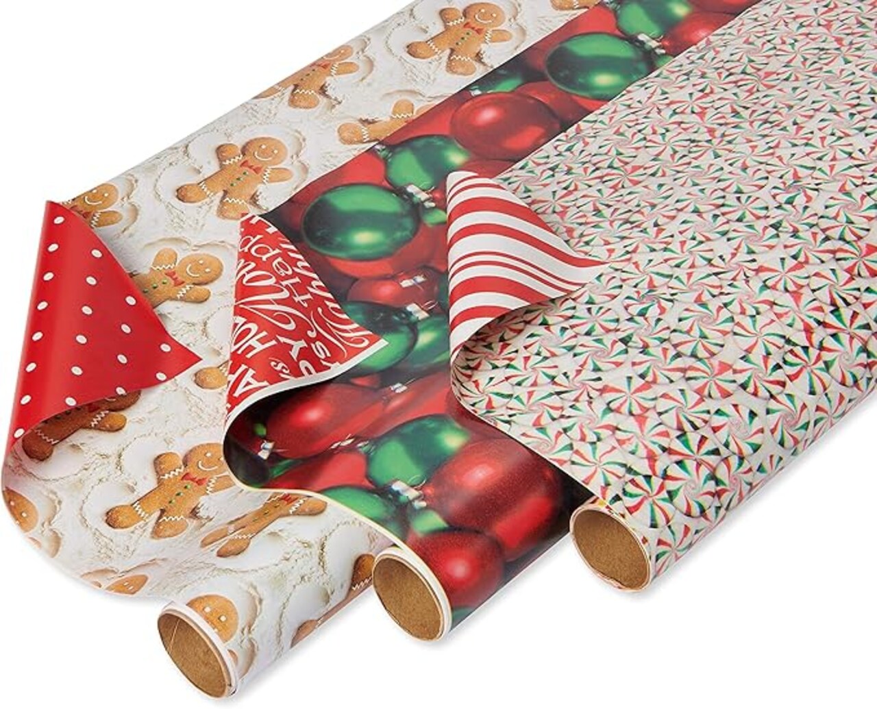 Christmas Wrapping Paper Bundle, Gingerbread, Ornaments, Peppermints (3 Extra Wide Rolls 40 in. x 12 ft.)